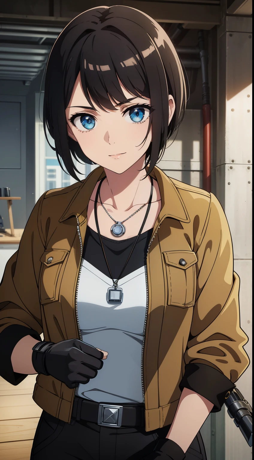 (high-quality, breathtaking),(expressive eyes, perfect face) Symmetrical Eyes, portrait, Star Wars Universe, 1girl, female, adult, mechanic, punk jacket, shirt, short sleeved, gloves, pants, belt, wrench, crystals, messy hair, black hair color, brown eye color, short hair length, stylized hairstyle, pixie haircut, tall, technician outfit, engineer, sci fi workshop background, work bench, tools, mature, narrow eyes, dog tag necklaces, soft smile, age 28
