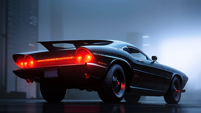 1960s luxury futuristic fantasy sedan, 1 car, rear view, highly detailed, cinematic lighting, dramatic, intricate, photorealistic, 4k, 8k, hyperrealistic, dramatic chiaroscuro lighting, moody atmosphere, vivid colors, glossy reflection, sleek design, chrome accents, elegant curves, retro-futuristic style
