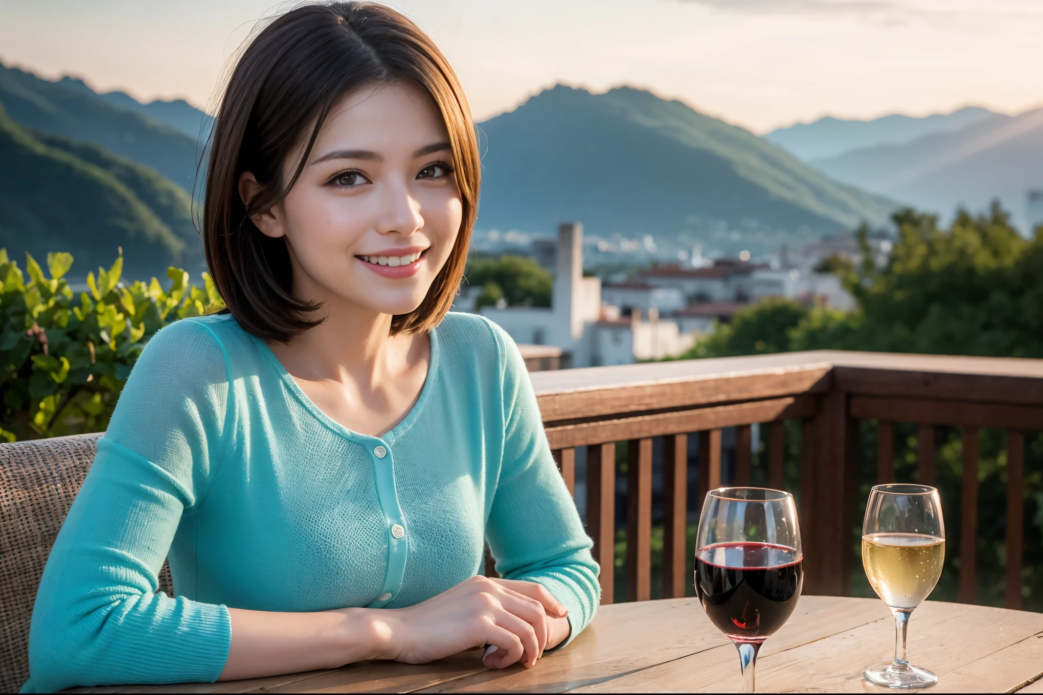 ((highest quality、8k、masterpiece:1.3))、1 male、1 female、Half Couple、Spouse、Brown Hair Couple、The body is slim、((Bob Hale、Straight hair:1.2)), (Realistic, Intricate details:1.2), Wine glass on the table、Put the light on your face、 Amazing view of the sunset sky and clouds、Amazing mountain views、A bright smile、The wonderfulness of smile、Bright image、The beauty of wine, Beautiful Face, blue eyes, The light shines on your face, Blushing, short hair,Bright Face、 (Age 37), 39 years old, red wine 、Appetizers、Italian food、Wine bottle、Champagne、sparkling wine、Two beauties、Brown Hair、Shortcuts、Long sleeve shirt、dress、Pretty Woman 1, (Slim face), (The body is slim), (Brown Hair), (Shortcuts), cheeks turn a little red,Attractive beauty、restaurant, In a prominent place (From the waist up) Nova Frog Style, actress, model, Upper Body, White wine, slim, wine glass, A wine glass placed in the center, smile, (smile: 1.15), Beautiful fine grain, Depth f/2,saturation, High Contrast, Strong light and shadow,Moist Body:1.5、3D texture、Delicate eyes、Brown Hair、The hair is very shiny、