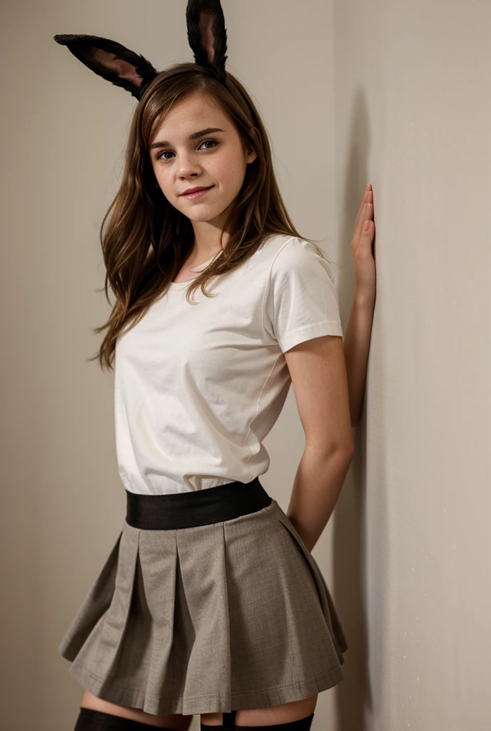 teen Emma Watson in a skirt , hyperRealistic high school girl, Wearing, wearing , super realistic pantyhose:1.9 seductive smile, head bunny ears,  lace leg garter

