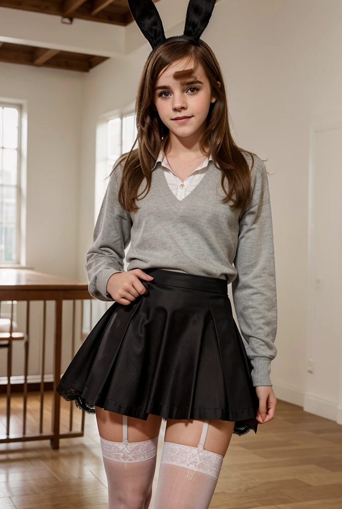 Emma Watson in a skirt , hyperRealistic high school girl, Wearing, wearing , super realistic pantyhose:1.9 seductive smile, head bunny ears, lace leg garter