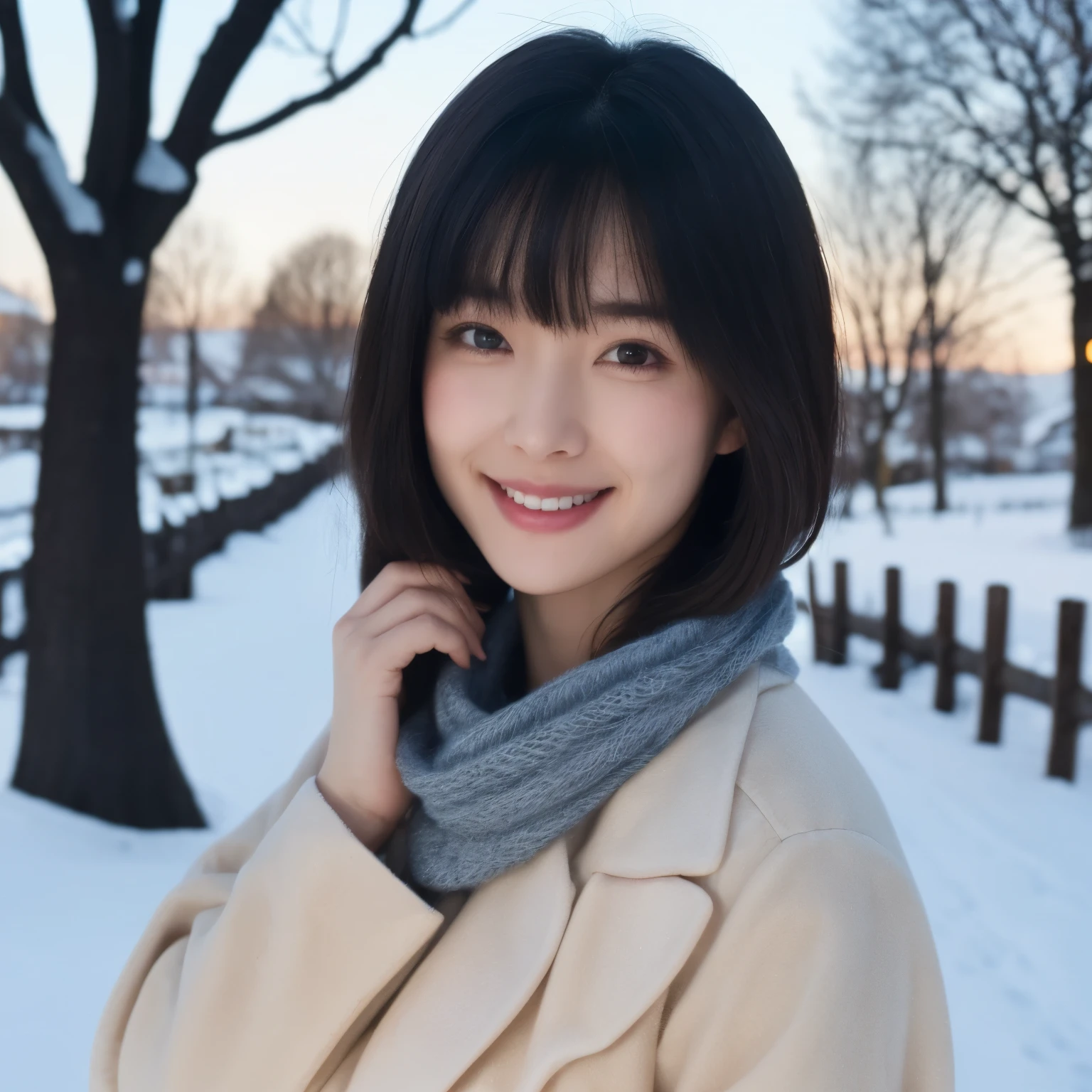 (masterpiece, highest quality),One Girl, alone, scarf, Have, hyper Realistic, Realistic,Realistic, Looking at the audience, Light brown eyes:1.4,Brunette short bob hair with highly detailed shiny hair, Brightly colored winter clothes, White headscarf, lips, prohibit:1.6, Outdoor, Mouth closed, Upper Body、Big eyes、eyelash、{Huge|big|Huge|Mega} chest:2, Chest cleavage:2、(((Short hair with bangs:1.6、Big eyes、Student Highlights、large full chest、Gazing at the audience、She is very beautiful and cute、Listen carefully、Long neck、smile、Close your mouth and smilee、Beautiful Teeth)))、Ideal body type、（Snowy tree-lined road in winter in Norway）