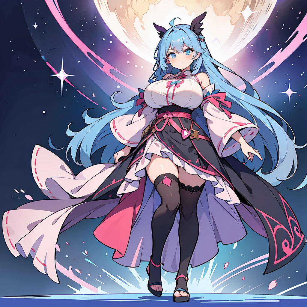 woman wearing a fantasy pink mage robe, gigantic massive huge oversized breasts, cute face, blue hair and blue eyes, full body, thin waist, human, wearing skirt, wearing a pink embroidered shirt, cute, tall, hot, sexy, long black stockings