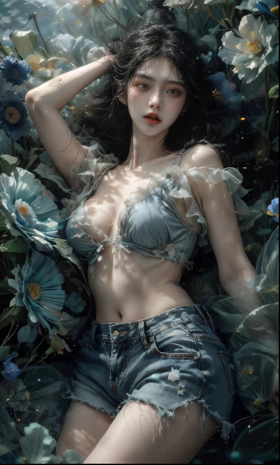 21yo girl, (bob Hair). Wearing gray t-shirts, denim short pants. natural big breast, show big thigh, plump body. Lying on a pile of blue flowers. 