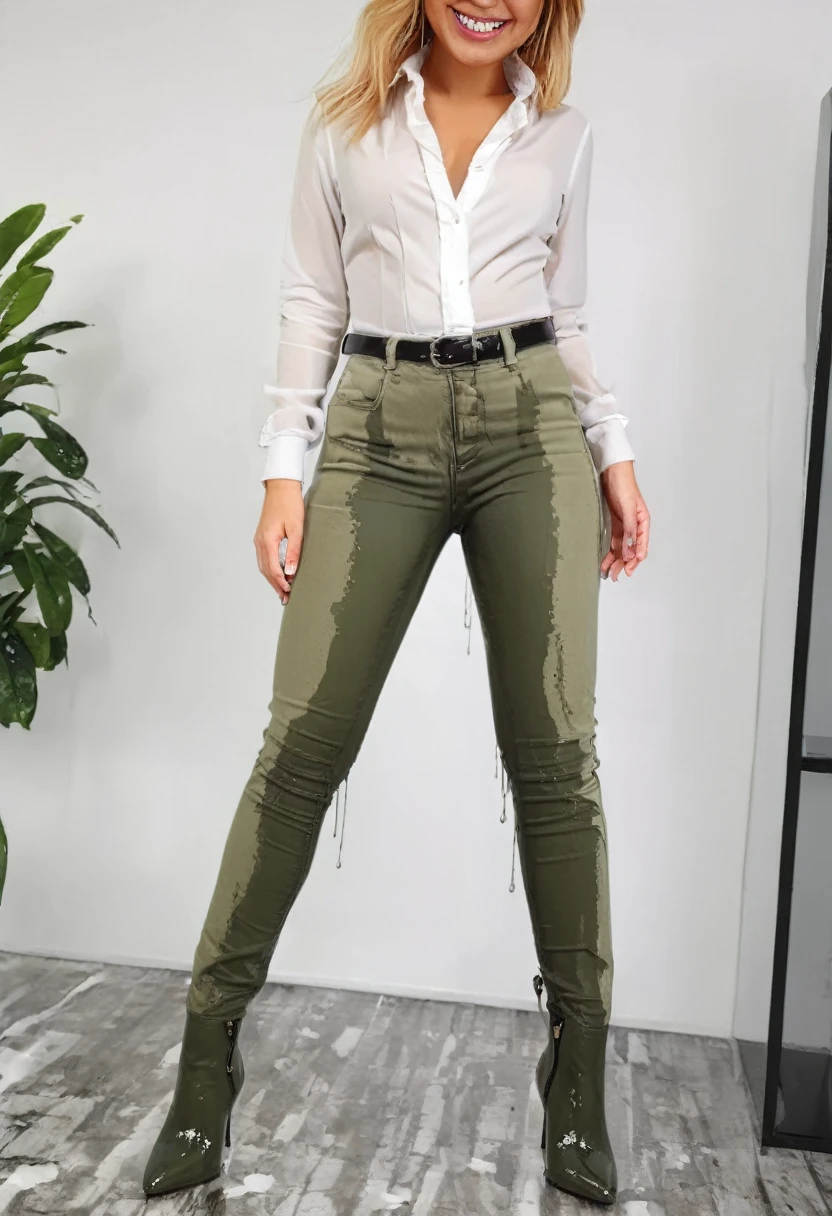 attractive blonde woman wearing olive green skinny jeans, high heel boots, white blouse, standing in an office,  wetting, big smile, pee stains are gleaming wet