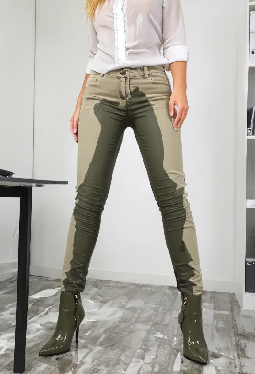 attractive blonde woman wearing olive green skinny jeans, high heel boots, white blouse, standing in an office, wetting, big smile, pee stains are gleaming wet