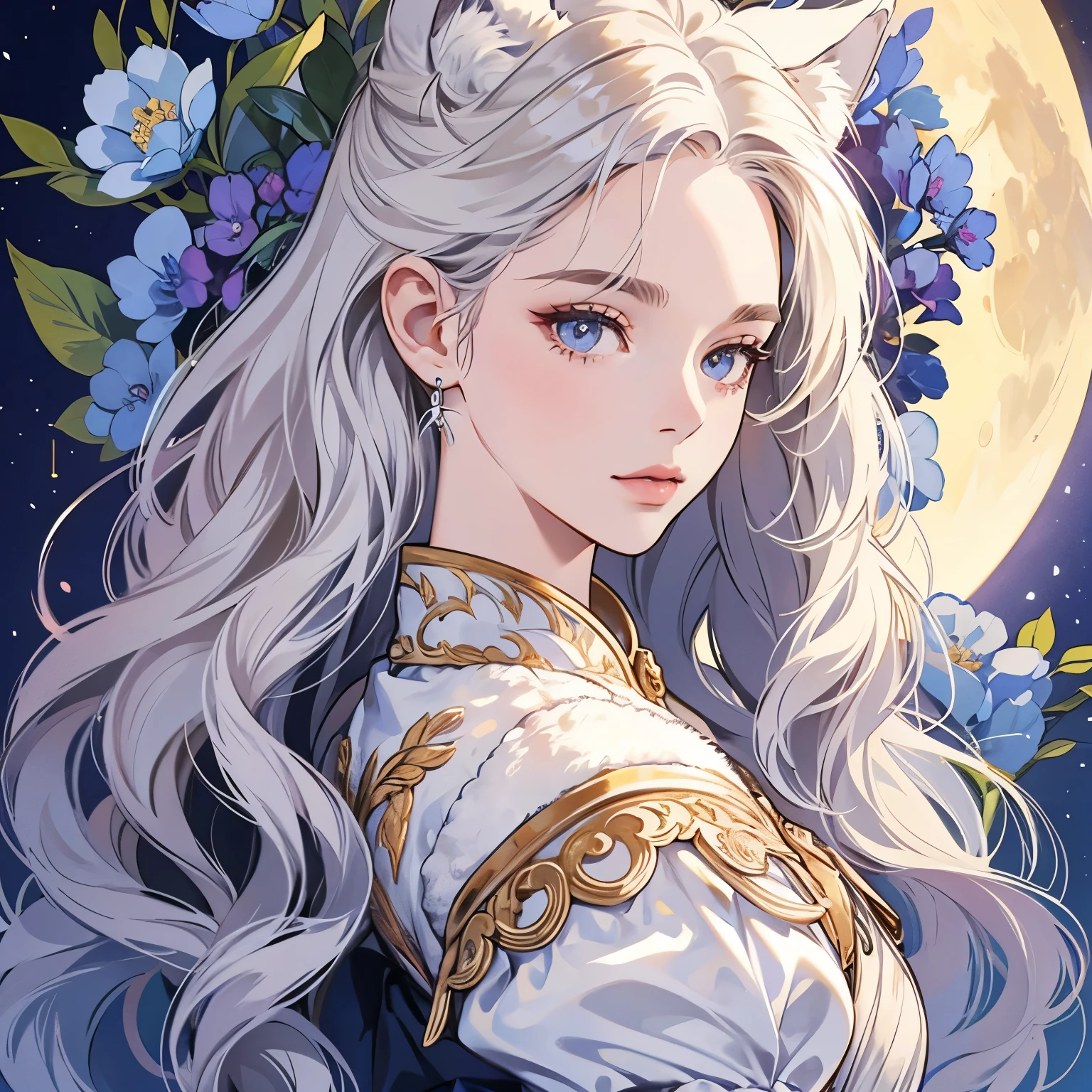 Best quality, 1 wolf, logo, background white only, emblem, 14k, intricate and detailed, frame, (((1 woman and wolf))), detailed fur, sparkling eyes, corporate logo, golden, panoramic, long shot, front, blue flowers, (((head shot, looking))) looking at viewer, beautiful goddess, Very detailed hair, MOON, Pale Lighting, Top Quality, (((Various hairstyles)))