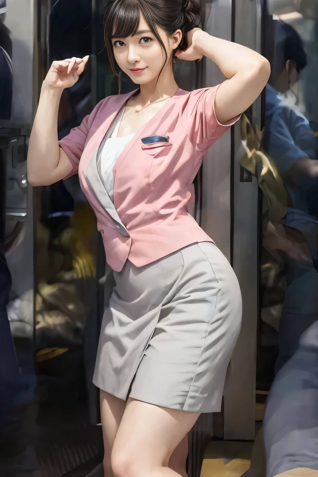 (masterpiece:1.2, highest quality:1.2), 32K HDR, High resolution, (alone、1 girl)、（On the rooftop of a building in the daytime、Professional Lighting）、Building rooftop background、（Nankai train crew uniform pinkを着たリアルスタイル）、（Nankai train crew uniform pink short sleeve pink jacket、Nankai Train Crew Uniform Pink Collarless Short Sleeve Blouse、Nankai Train Crew Uniform Pink Grey Knee-length Culottes）、Dark brown hair、（Hair tied up、Hair Bun、Hair Bun）、Dark brown hair、Long Shot、Big Breasts、Thin legs、（（Great hands：2.0）），（（Harmonious body proportions：1.5）），（（Normal limbs：2.0）），（（Normal finger：2.0）），（（Delicate eyes：2.0）），（（Normal eyes：2.0））)、smile、（Nankai Train Crew Uniform Pink Grey Knee-length Culottesを見せた美しい歩く姿）、