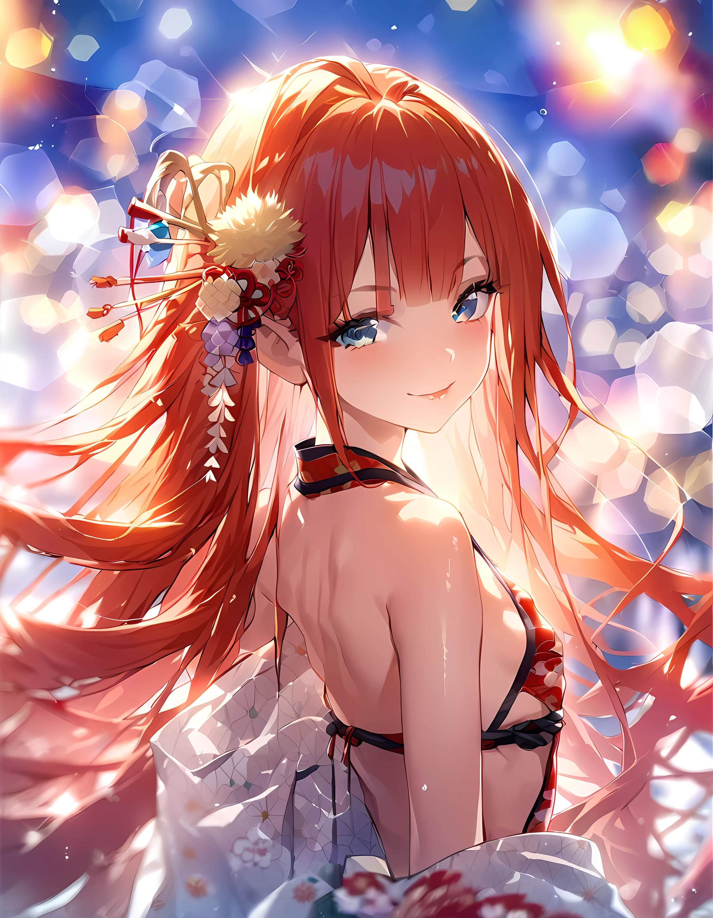 ((A woman with hair longer than her height))solo、Wicked Smile、Small breasts Looking at the camera、She is wearing a Japanese-style swimsuit.,Women with very long hair 28 years old Fiery red hair, lustrous skin,art: (A girl with beautiful deep eyes. The depth of field in the photo is perfect、Lens flares create a nice atmosphere. The details of her face really stand out, This photo definitely gets a 10 or more. Japanese style bikini