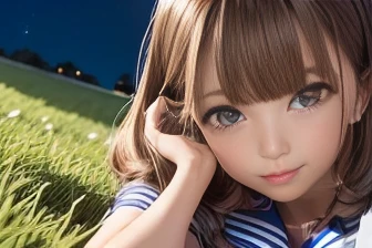 Night Grassland、Sleeping on the grass、((Lie on your back facing up、Looking up at the night sky、Stargazing))、1 Japanese girl、high school girl、Serafuku、Sailor suit、high school girl制服、Bob Hair、Brown Hair、Big Breasts、Beautiful Face、Slender body、Accurate Face、Accurate limbs、Detailed landscape、masterpiece、Raw photo quality、16k、The camera is looking from above