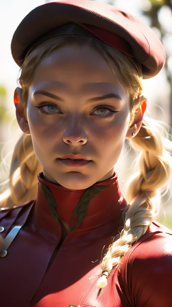 ((portrait shot)) (((Street Fighter Cammy))) in military clothing, red beret,blonde double braids hairstyle,masterpiece, best quality, (head:1.3), finely detailed skin, cleavage, war zone, blurred background, bokeh