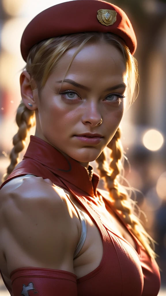 ((portrait shot)) (((Street Fighter Cammy))) in military clothing, red beret,blonde double braids hairstyle,masterpiece, best quality, (head:1.3), finely detailed skin, cleavage, war zone, blurred background, bokeh