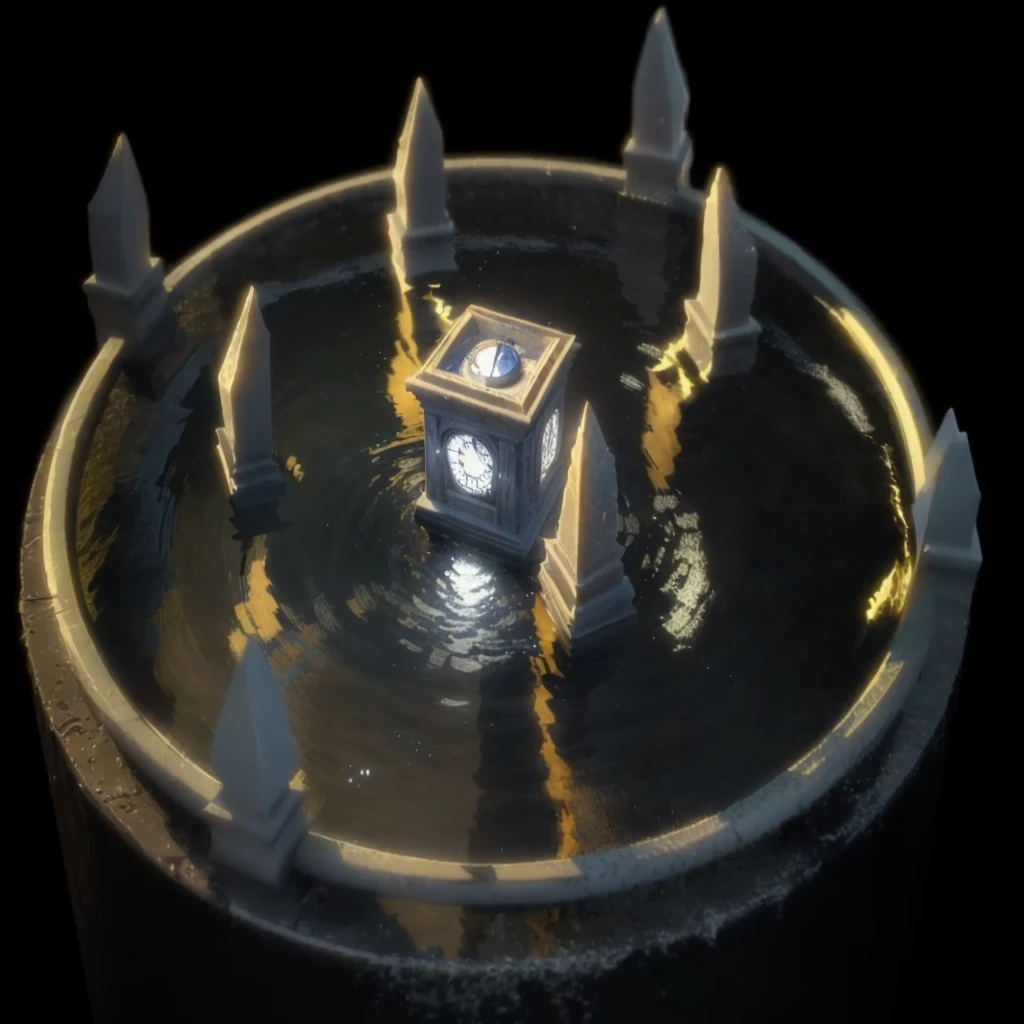 there is a small fountain with a clock on it in the dark, octagon render 8k, submerged temple scene, caustics lighting from above, rendered in unrealengine, rendered in cinema 4 d, rendered in cinema4d, 3 d render even lit, mysterious temple setting, submerged temple ritual scene, water temple, symmetrical outpost, rendered with substance designer