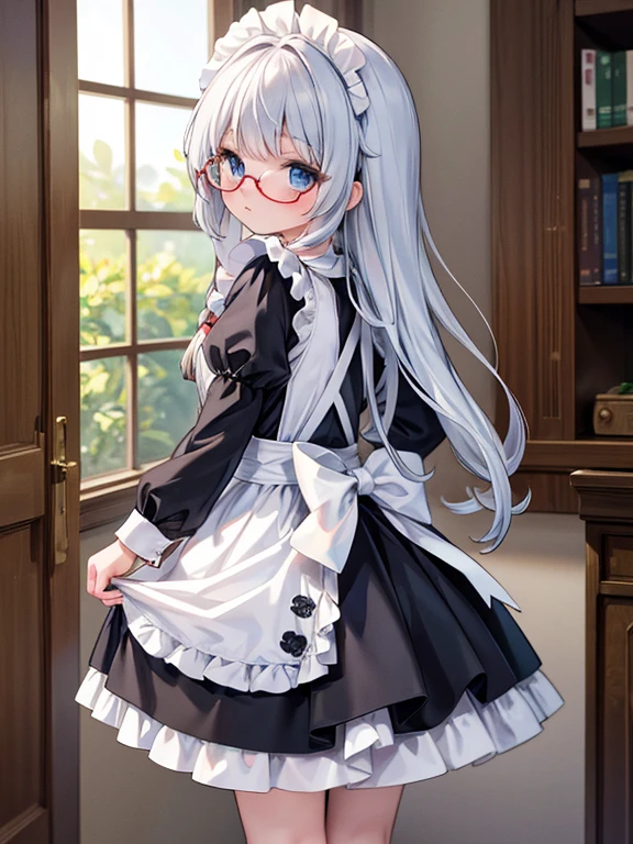masterpiece, highest quality, Very detailed, 16k, Ultra-high resolution, from behind, 9-year-old girl, blue eyes, Glasses, Silver Hair, Long Hair, Braid, Black maid outfit