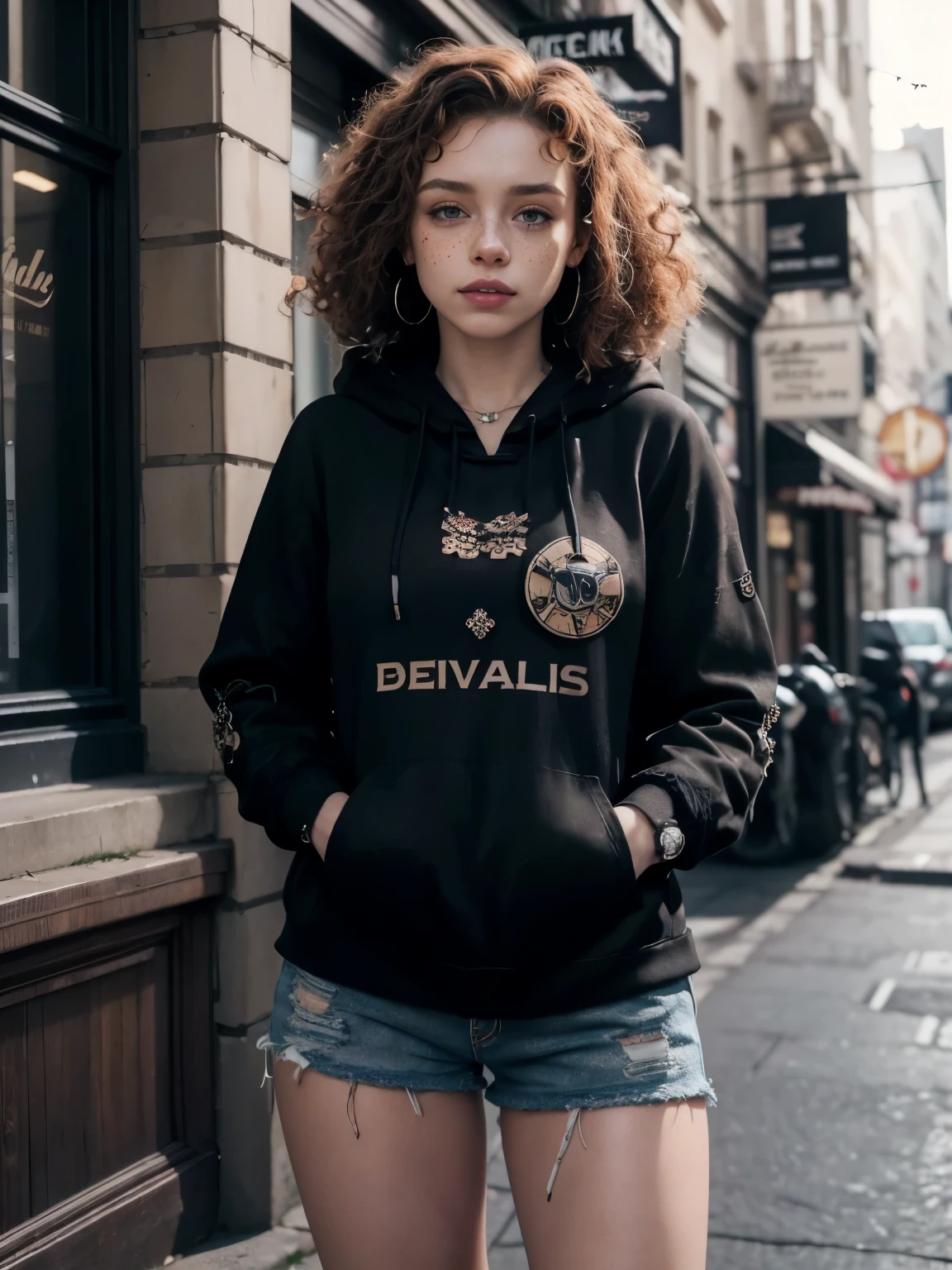 Caucasian woman, redhead, (((curly hair))), medium hair, honey eyes, lined eyes, (shiny eyes), highlights eyes, ((freckles on face)), red lipstick, makeup, smile, ((freckles on body)), athletic body, ((small breasts)), nipples, legs, full body, ((((distressed black hoodie with patches and pins, paired with black skinny jeans and combat boots))), Necklace, bracelets, earrings and wrist watch, standing In the city, side shot.