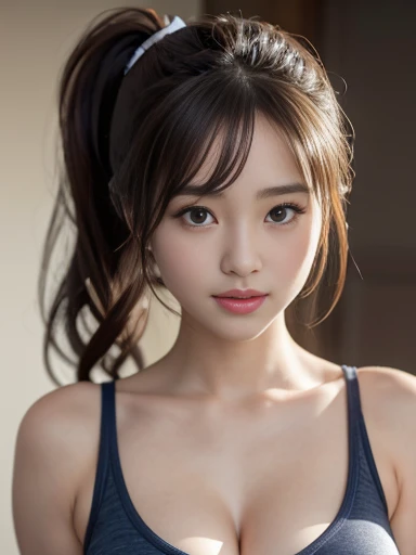(Masterpiece, Professional lighting, 16k, 8k wallpaper, raw photo, photorealistic:1.4, ultra detailed, natural gentle lighting, detailed skin, detailed face, detailed eyes, textured skins), portrait of a stunningly beautiful 19 year old school girl, brown hair, low ponytail, tank top, , , , large , looking at viewer, japanese idol,
