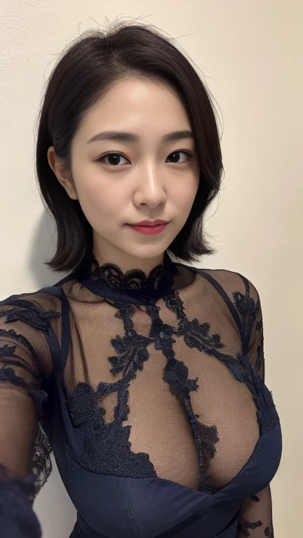 highest quality,masterpiece,Ultra-high resolution,(Realistic:1.4),Beautiful lighting, (Highly detailed CG Unity 8k wallpaper), Beautiful face in every detail,Detailed clothing, 50mm portrait photography, No background、One Girl,Big black eyes, cute, young, Pause, Facial Lighting, Physically Based Rendering,Written boundary depth , Black Hair, short hair, ((Take from above)), Japanese women、20-year-old、Navy blue long sleeve lace dress、(Big Breasts)、(Upper Body)、Beautiful young woman taking a selfie, Taken with iPhone camera、In front of a white wall