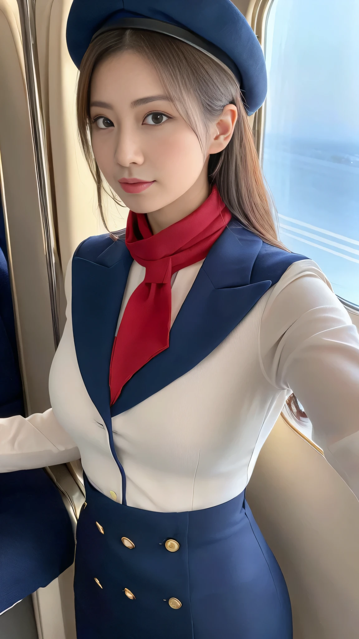 (8k, best quality, masterpiece, golden ratio composition,:1.3), (Zoom out shot:1.2), (A beautiful Japanese mature woman dressed in a classic flight attendant uniform, uniform is navy blue with a matching small beret, white blouse, red neck scarf, neatly styled hair ,light makeup), (huge breasts), standing in an airplane cabin