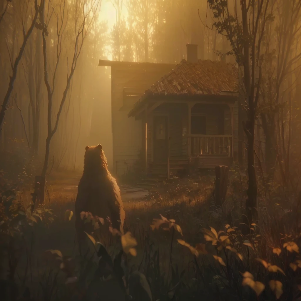 there is a bear that is standing in the woods, award winning cinematic still, burning scene in the background, atmospheric establishing shot, unreal engine. retro film still, shot from cinematic, unreal engine. film still, from the movie quest for fire, establishing atmospheric shot, inspired by roger deakins, cinematic establishing shot, full scene shot, in roger deakins style