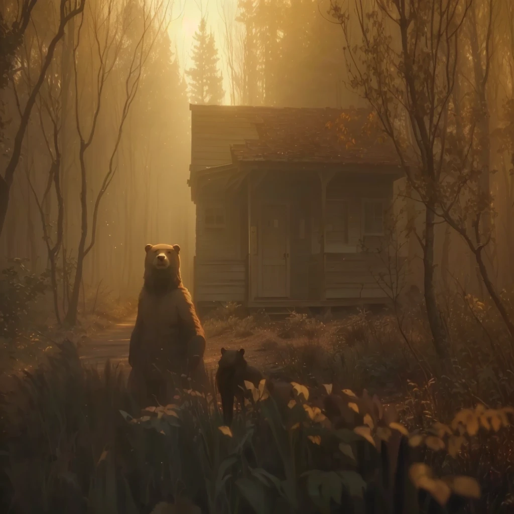 there is a bear that is standing in the woods, award winning cinematic still, burning scene in the background, atmospheric establishing shot, unreal engine. retro film still, shot from cinematic, unreal engine. film still, from the movie quest for fire, establishing atmospheric shot, inspired by roger deakins, cinematic establishing shot, full scene shot, in roger deakins style