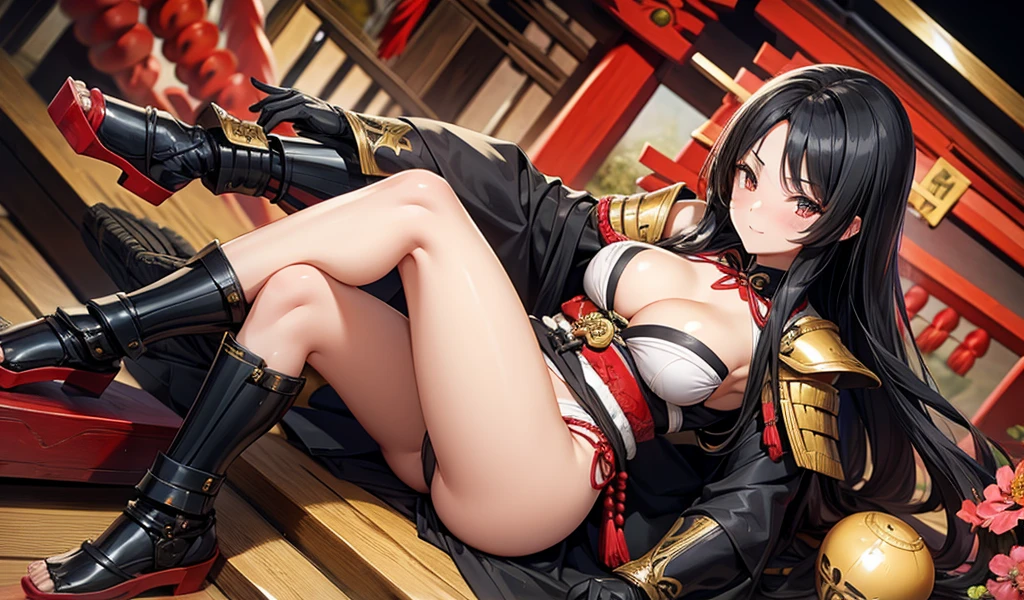 Beautiful girl with long black hair ,Japan Armor,cleavage,thong,Bare Legs,Japanese Shrines