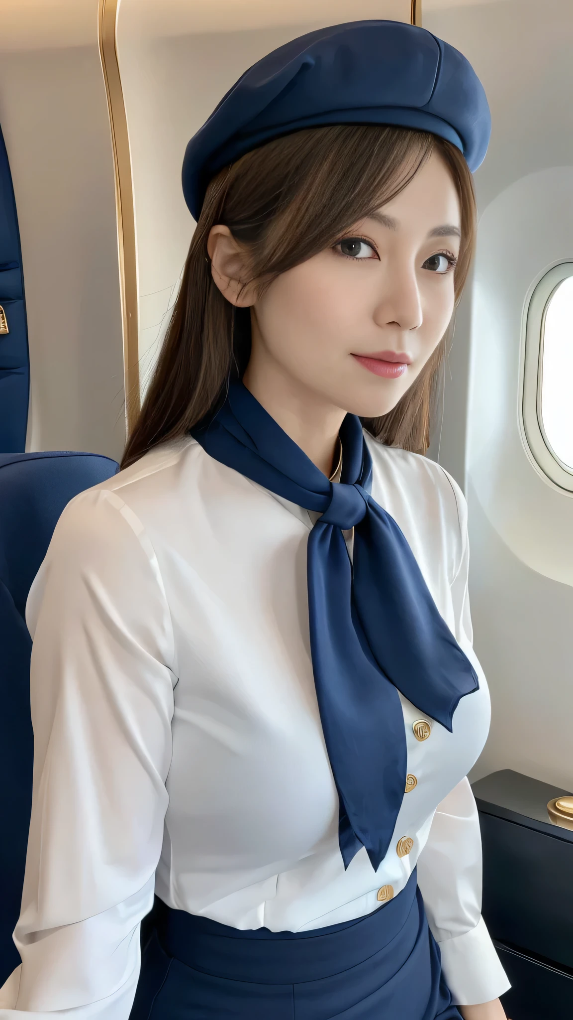 (8k, best quality, masterpiece, golden ratio composition,:1.3), (Zoom out shot:1.2), (A beautiful Japanese mature woman dressed in a classic flight attendant uniform, uniform is navy blue with a matching small beret, white blouse, red neck scarf, neatly styled hair ,light makeup), (huge breasts), standing in an airplane cabin