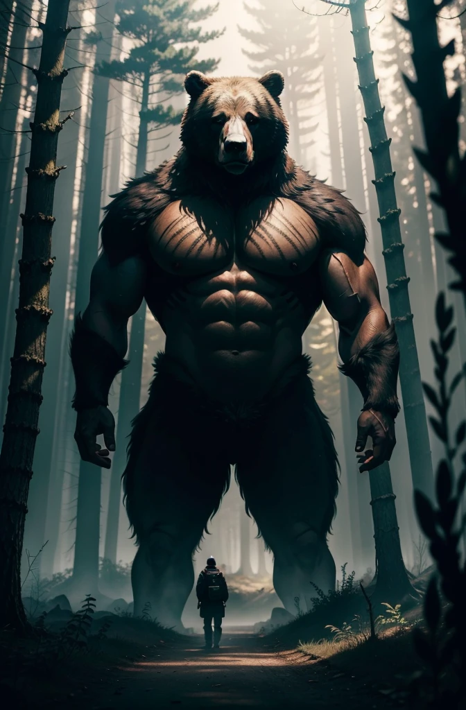 there is a bear that is standing in the woods, award winning cinematic still, burning scene in the background, atmospheric establishing shot, unreal engine. retro film still, shot from cinematic, unreal engine. film still, from the movie quest for fire, establishing atmospheric shot, inspired by roger deakins, cinematic establishing shot, full scene shot, in roger deakins style