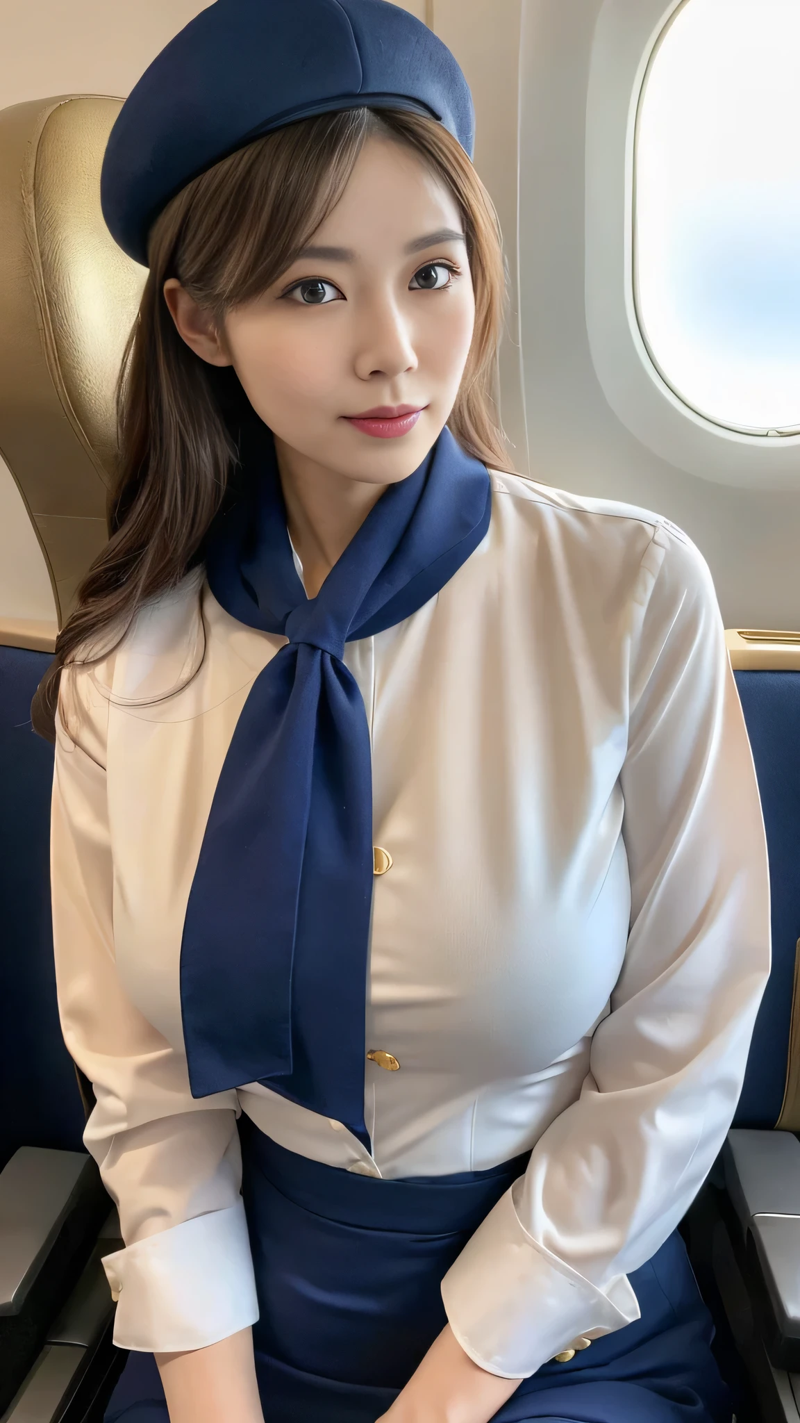 (8k, best quality, masterpiece, golden ratio composition,:1.3), (Zoom out shot:1.2), (A beautiful Japanese mature woman dressed in a classic flight attendant uniform, uniform is navy blue with a matching small beret, white blouse, red neck scarf, neatly styled hair ,light makeup), (huge breasts), standing in an airplane cabin