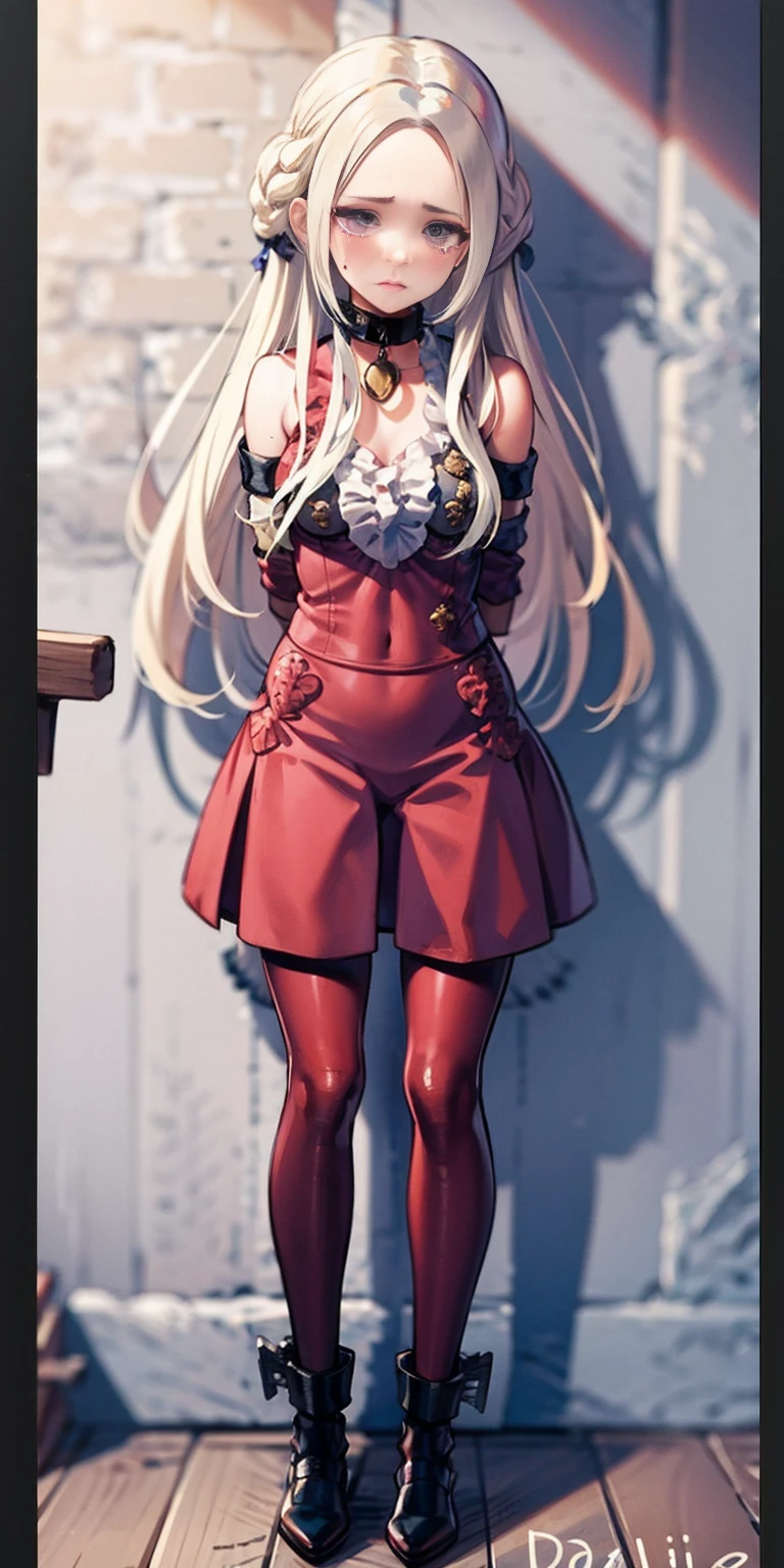 (masterpiece, best quality), intricate details, 1girl, 1girl in, age19, Solo, Long hair, Colossal, Looking at Viewer, blond hair (standing full body toe to head by wooden pole:1.2) iron collar, arms behind back, iron cuffs, shackles, bound, bondage outfit, harness, o-ring, bondage outfit blindfolded, happy red cheeks, chain leash collar choker neck bell shackles wristbands bracers bracelets, cleave gag, sad face, red cheeks, crying tears, painful (she was sold and betrayed by her own family)