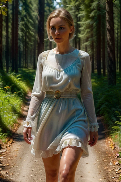 (best_quality:1.5), (hyper_realistic:1.5), (32_year_old_ukrainian_woman), (skin texture:1.1), (high detail face:1.1), messy_short_blonde_haired, hazel_eyed, (pale_skin), (tall_slender_body), (walking_inside_sunny_forest), (wearing_all_classic_yellow_dress), front_view, side_view
