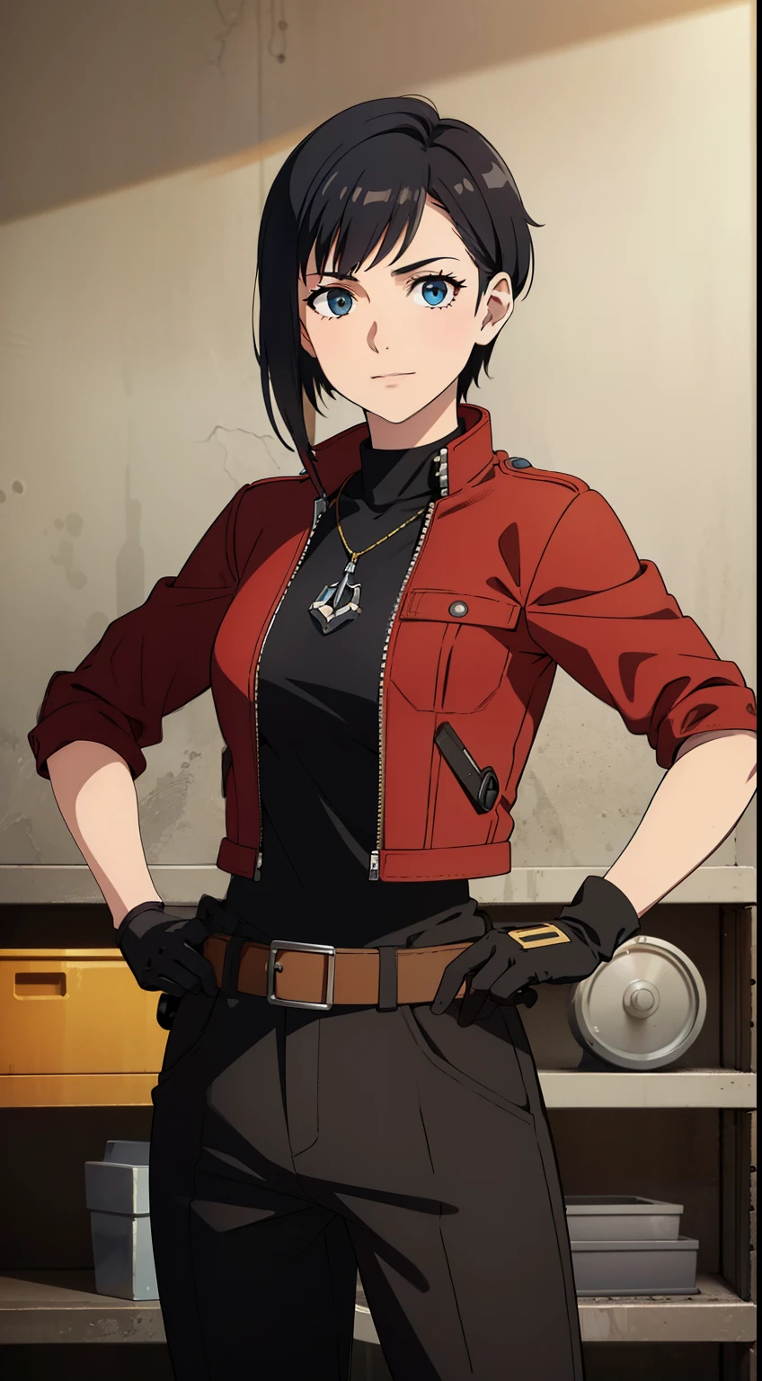 (high-quality, breathtaking),(expressive eyes, perfect face) Symmetrical Eyes, portrait, Star Wars Universe, 1girl, female, adult, mechanic, punk red jacket, black shirt, short sleeved, gloves, pants, belt, wrench, crystals, messy hair, black hair color, brown eye color, short hair length, stylized hairstyle, pixie haircut, tall, technician outfit, engineer, sci fi workshop background, work bench, tools, mature, narrow eyes, dog tag necklaces, soft smile, age 28
