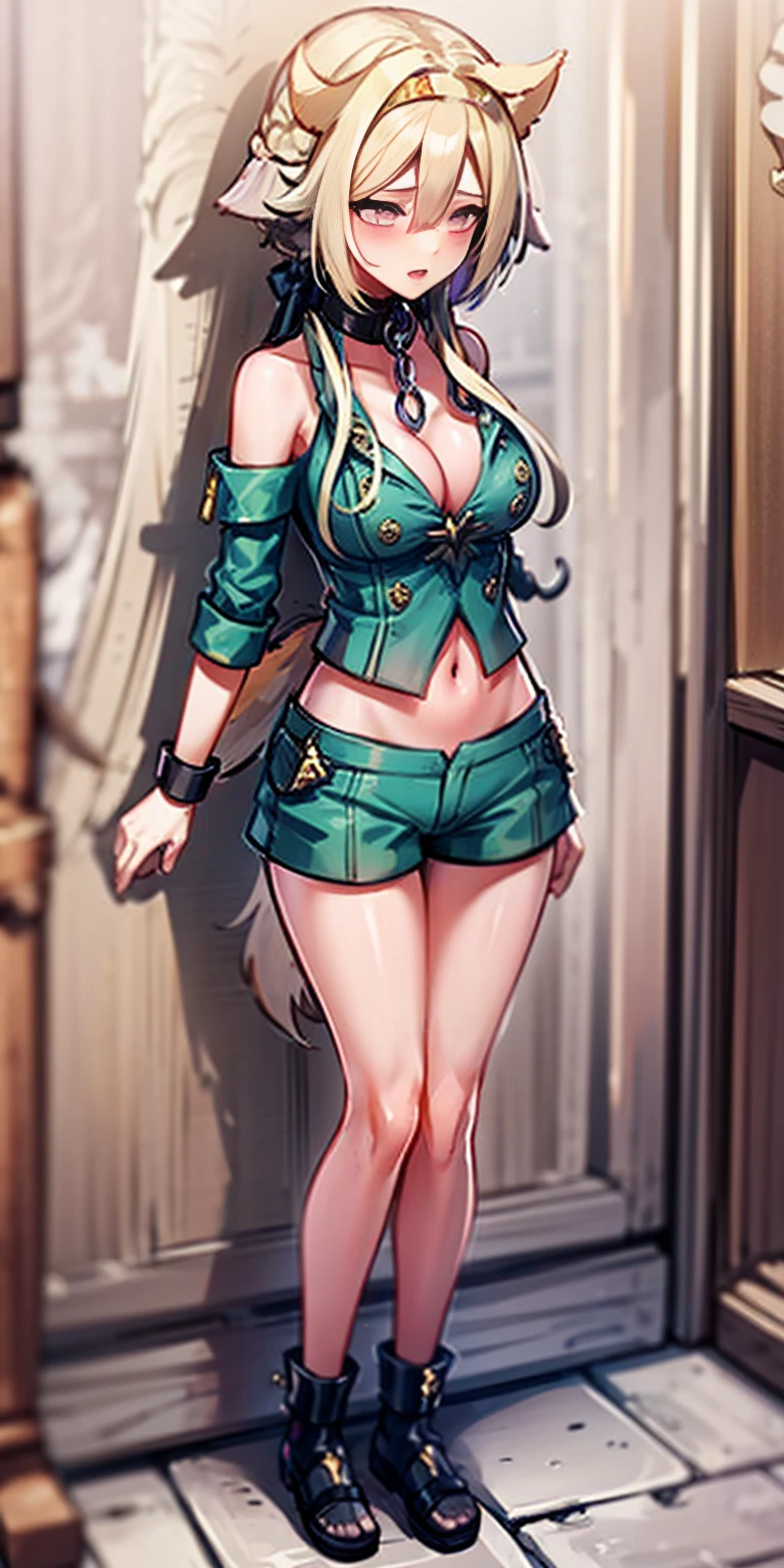 1girl, animal ears, bangs, bare shoulders, belt, black collar, black hairband, blush, breasts, cleavage, collar, collarbone, dog ears, dog girl, dog tail, fang, fantasy, floppy ears, from above, full body, green shorts, hair between eyes, hairband, indoors, large breasts, looking at viewer, midriff, multicolored hair, navel, open mouth, orange fur, orange hair, sandals, shiny, shiny hair, shirt, short hair with long locks, shorts, smile, solo, standing, tail