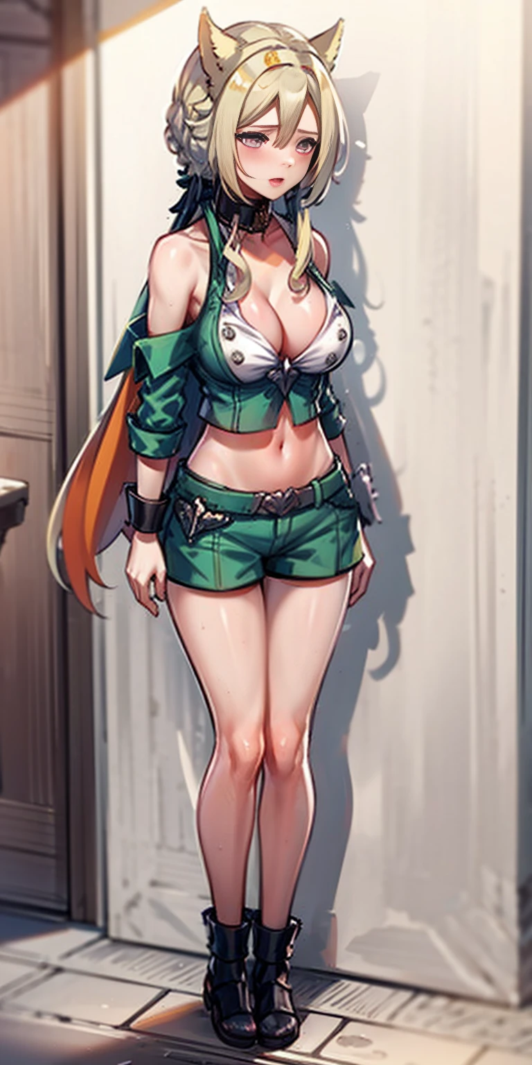 1girl, animal ears, bangs, bare shoulders, belt, black collar, black hairband, blush, breasts, cleavage, collar, collarbone, dog ears, dog girl, dog tail, fang, fantasy, floppy ears, from above, full body, green shorts, hair between eyes, hairband, indoors, large breasts, looking at viewer, midriff, multicolored hair, navel, open mouth, orange fur, orange hair, sandals, shiny, shiny hair, shirt, short hair with long locks, shorts, smile, solo, standing, tail