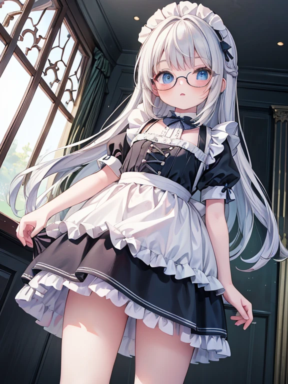 masterpiece, highest quality, Very detailed, 16k, Ultra-high resolution, from below:1.5, 9--old l, blue eyes, Glasses, Silver Hair, Long Hair, Braid, Black maid outfit