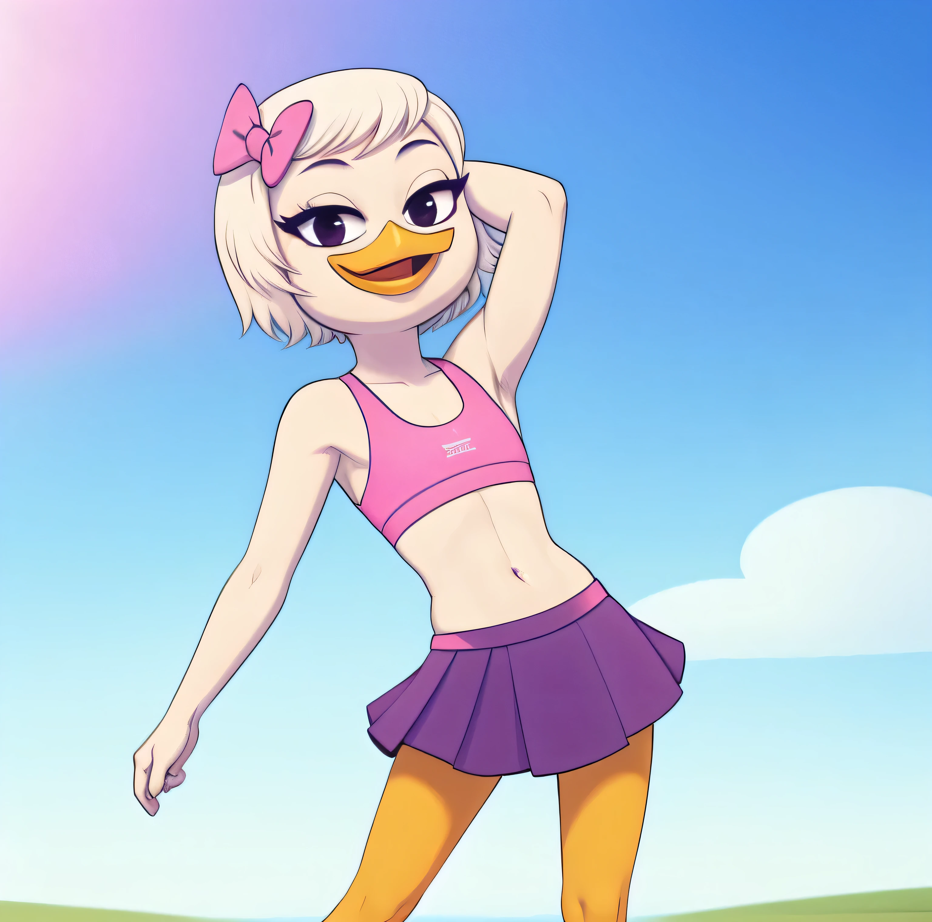 (by drockdraw:1.2) (by chelodoy:1) (by ashraely:1) webby vanderquack, white skin, white hair, orange legs:1.2, beak, scut tail, webbed feet, short hair, (purple skirt:1.3) action pose, wears sports bra, skinny torso, pink bow, happy, smile, mouth closed, clothed, flat chested, webbed feet, black eyes, full-length portrait, eyeliner, smile, white body, standing, narrowed eyes,