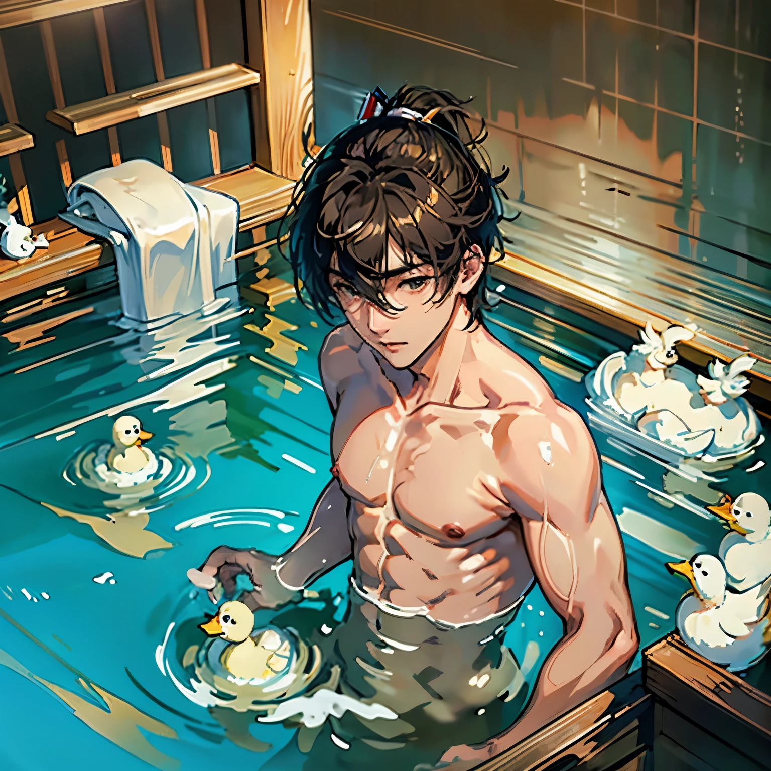there is a man taking a bath with ducks in the tub, topless, bathhouse, puffy breast, topless :: high detail, rubber ducky, japanese bathhouse, rubber duck, Highest rated on pixiv, bath, shallow, bubble bath, bare chest, Perfect body, author:Nobusada Yanagawa, male art, pixiv daily ranking