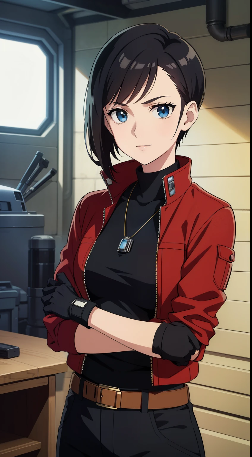 (high-quality, breathtaking),(expressive eyes, perfect face) Symmetrical Eyes, portrait, Star Wars Universe, 1girl, female, adult, mechanic, punk red jacket, black shirt, short sleeved, gloves, pants, belt, wrench, crystals, messy hair, black hair color, brown eye color, short hair length, stylized hairstyle, pixie haircut, tall, technician outfit, engineer, sci fi workshop background, work bench, tools, mature, narrow eyes, dog tag necklaces, soft smile, age 28
