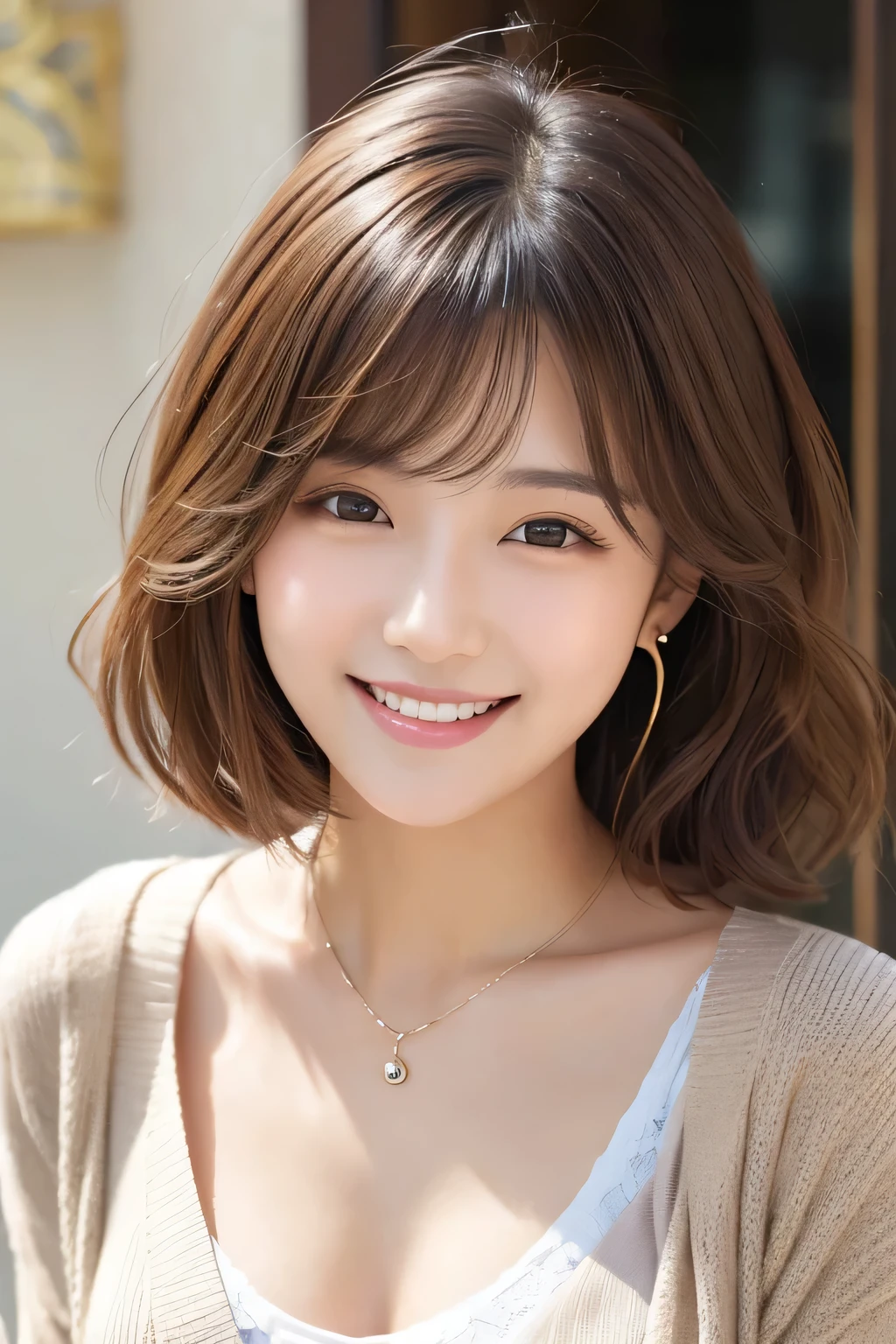 Beautiful young woman、 Korean women、Light brown hair、Wavy Hair、short hair、ear piercing、Necklace around the neck、blouse、smile、Laughing with your mouth open、Beautiful teeth alignment、Intricate details, Very detailed:1.2), 、 Looking into the camera,The background is the town、Cardigan draped over shoulders