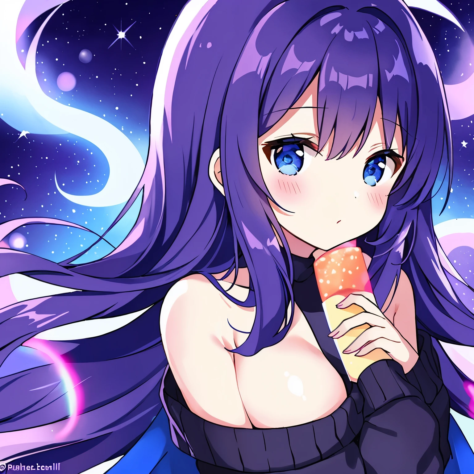 ((best quality)), ((masterpiece)), (detailed), 1girl, off-shoulder black sweater, purrple hair, blue eyes, huge , blue galaxy background, godess, purple wings, neon light