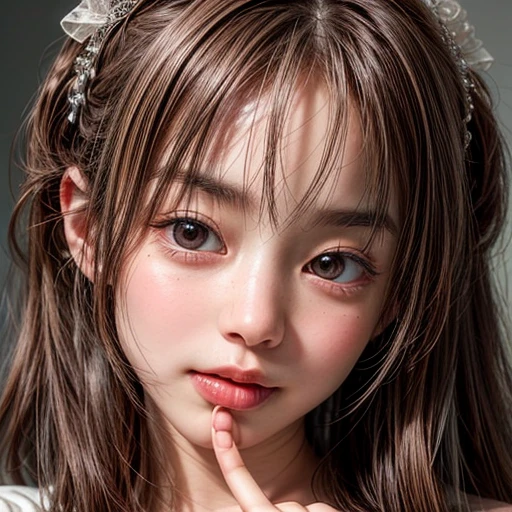 (highest quality,Super detailed,Physically Based Rendering:1.2), Realistic,Portraiture,Beautiful young woman with long wavy hair and captivating eyes,Delicate facial features,Soft lighting, Vibrant colors, ((Playfully licking fingers with tongue, Gently placing a finger in the mouth)),Subtle expressions of joy and anticipation,Romantic atmosphere, (Close-up shot of sensual lips),Cheeks turn slightly red,Sensual and sophisticated,A gentle and captivating gaze. centered