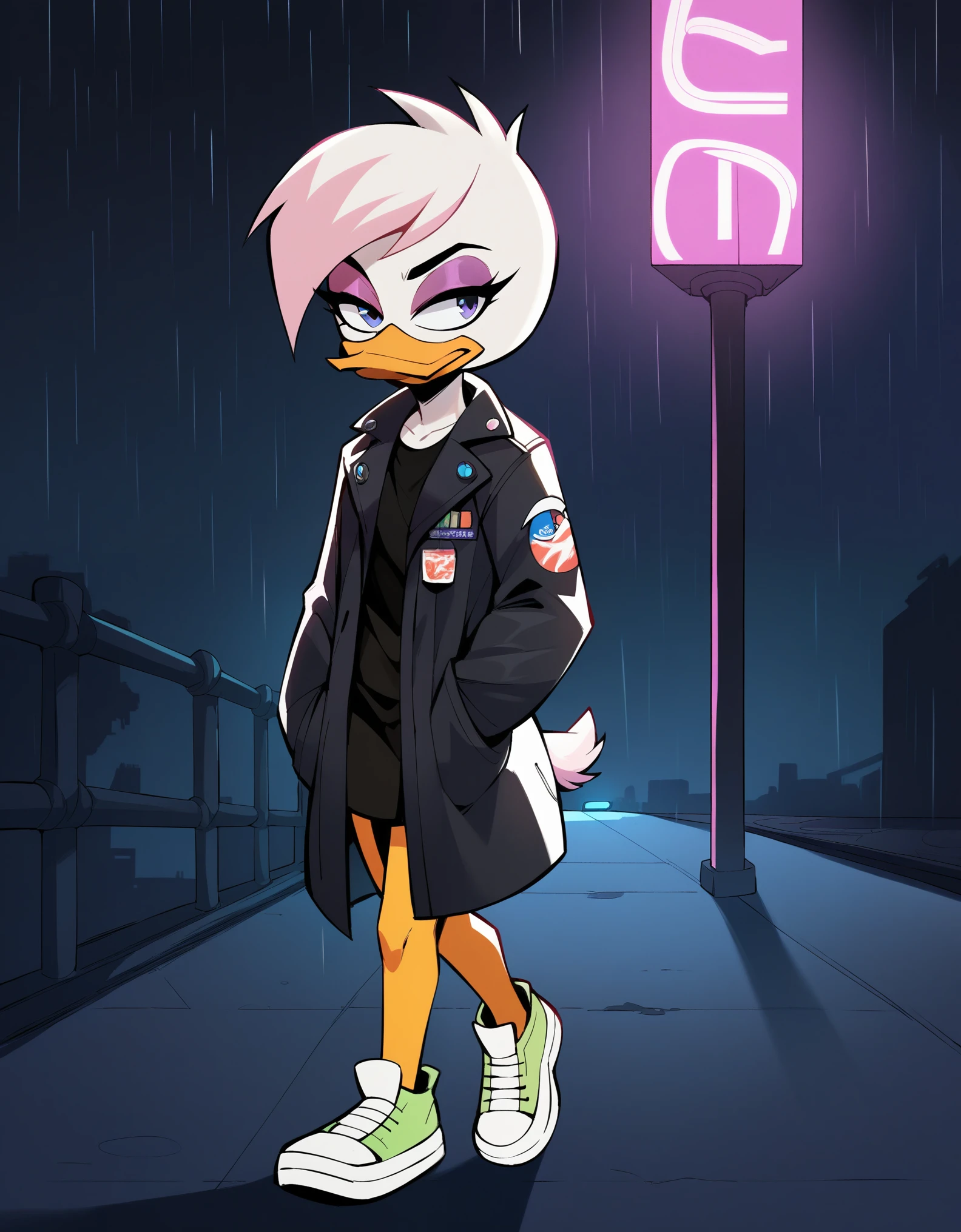 score_9, score_8_up, score_7_up, score_6_up,  source cartoon, 1girl, female, solo, duck, beak,  lena sabrewing, ducktales, duck, beak, scut tail, white skin, white hair, pink highlights, short hair, eyeliner, purple eyeshadow, pink eyeshadow, orange legs, sneakers,purple sunglasses, plastic trench coat, bottomless, sexy, purple visor,  serious, walking awat, long alleys, raining, noir film, cyber punk, neon lights,  43stl1ght1ng,  low light, darkness, dramatic lighting, eye lighting, black room:1.2, smoke,  ZPDXL