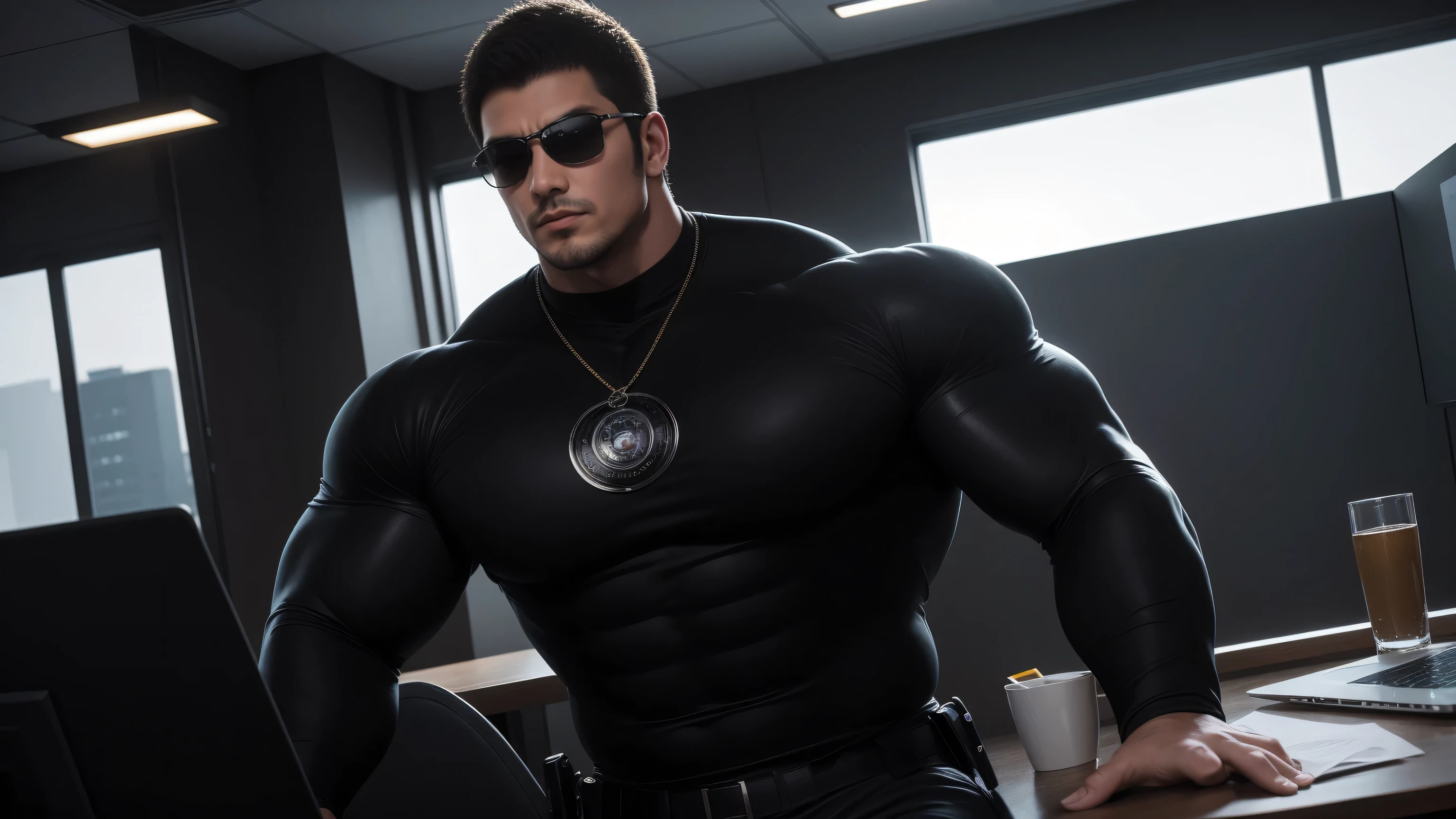 1 super muscular man,  He wears sunglasses，Sitting in the office，Working on a laptop with a focused look，He wears sunglasses，Buzz Cut，In a luxurious office, Wear a long-sleeved turtleneck, Wear it over a suit，tie，Thickened warm elastic texture，Clothes are very dirty with mud stains，The expression is arrogant, Thick thighs, Messy hair, High-necked long-sleeved dark yellow high-necked tights, very tight, Regular symmetrical pattern, Highlight muscles, Police uniform pants, character concept（Resident Evil - Chris Redfield, Chris Redfield）A proud expression, Deep and charming eyes, Heroic male pose, tall Burly, muscular！muscular thighs, tough guy, perfect facial features, High, Burly, Heqiang, Super polished and cool, High Resolution Committee, Charismatic, Sunlight through the window, shine on body