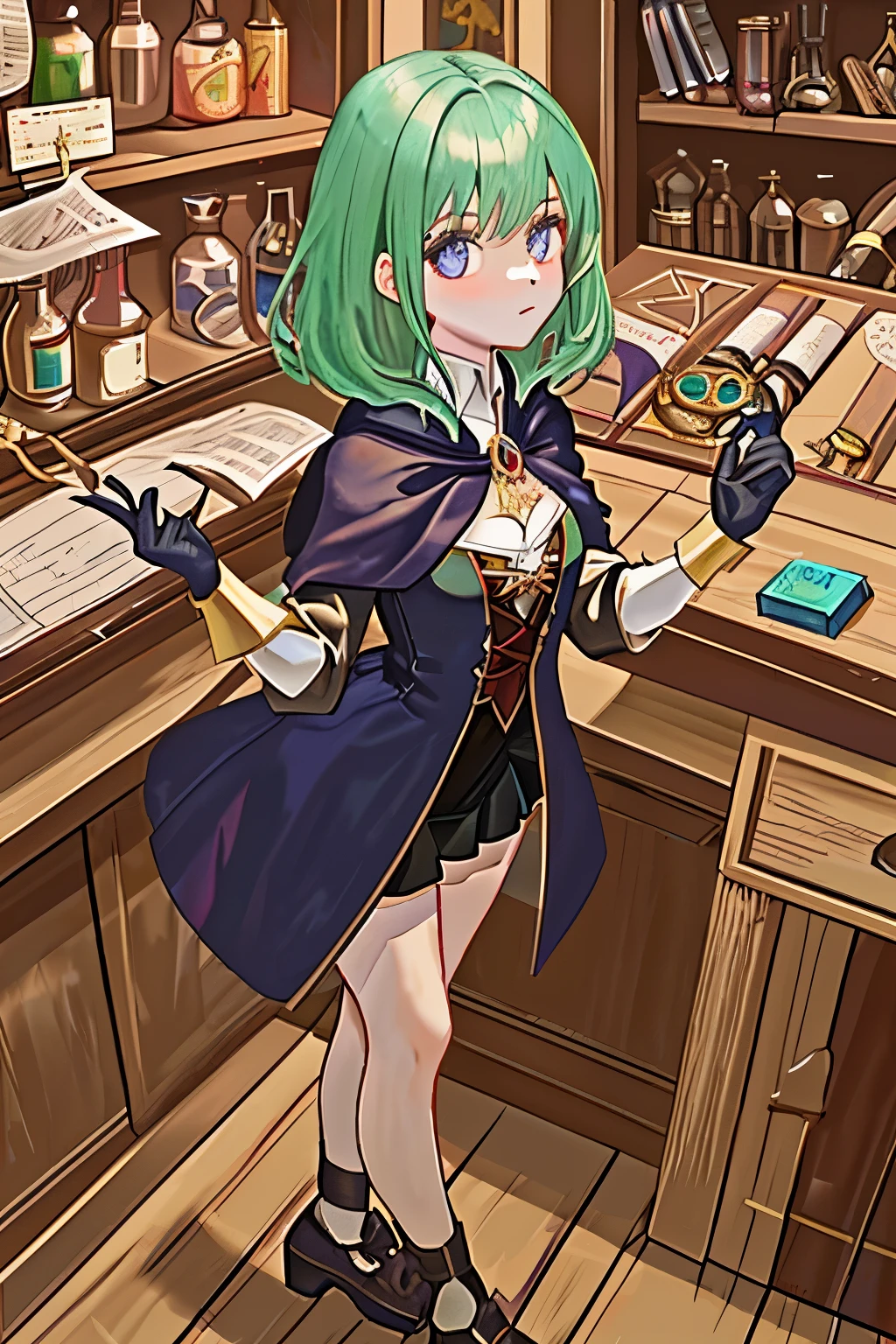 A cute and sexy witch girl, with small breasts, standing behind a desk of a medieval shop full of magical items and potions, looking pent up