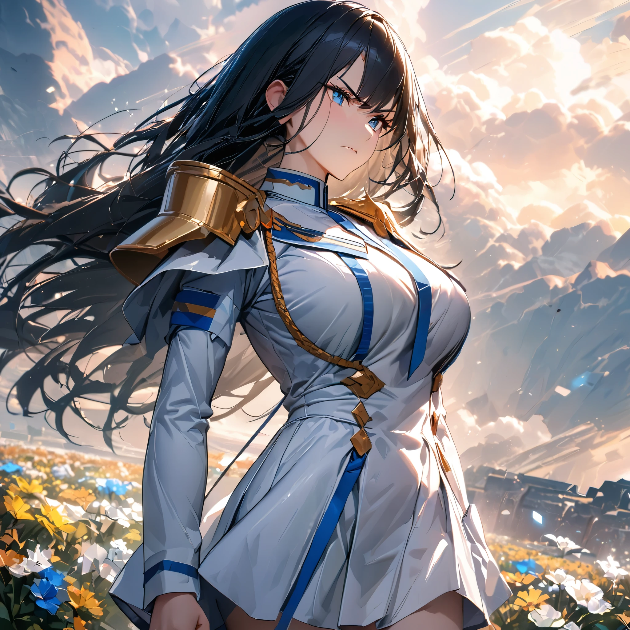 A woman wearing a white uniform, golden shoulder pads, white skirt, exposed leg, white boots, blue eyes, long black hair, no bangs in her hair, serious face, large breasts, blue details on the uniform, standing in a white platform background with cubes white its blue with clouds,, flower, UHD, masterpiece, accurate, anatomically correct, textured skin, super detail, high quality, best quality, 8k, high resolution, bokeh effect. (woman alone)
