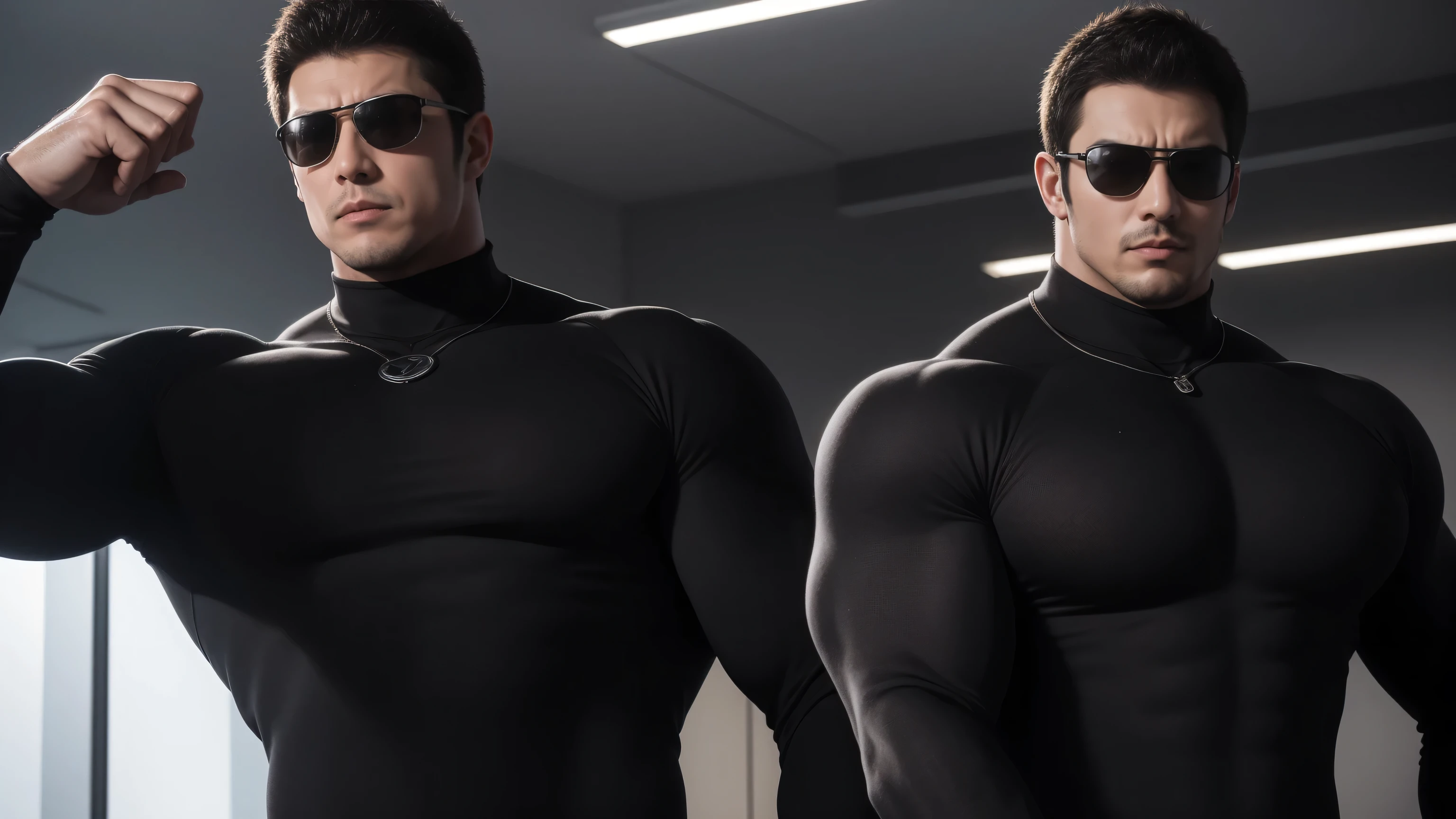 1 super muscular man, He wears sunglasses,Sitting in the office,Working on a laptop with a focused look,He wears sunglasses,Buzz Cut,In a luxurious office, Wear a long-sleeved turtleneck, Wear it over a suit,tie,Thickened warm elastic texture,Clothes are very dirty with mud stains,The expression is arrogant, Thick thighs, Messy hair, High-necked long-sleeved dark yellow high-necked tights, very tight, Regular symmetrical pattern, Highlight muscles, Police uniform pants, character concept(Resident Evil - Chris Redfield, Chris Redfield)A proud expression, Deep and charming eyes, Heroic male pose, tall Burly, muscular!muscular thighs, tough guy, perfect facial features, High, Burly, Heqiang, Super polished and cool, High Resolution Committee, Charismatic, Sunlight through the window, shine on body