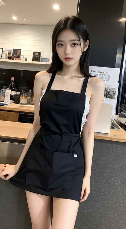 ((top-quality、8K、​masterpiece:1.3))、17 years old girl、1 Beautiful Japan Girls、Slender beautiful woman:1.3、semilong hairstyle、(Black naked apron:1.3)、hyperdetailed face、A detailed eye、double eyelid、Cafe Background、Chilarism、Just the right size breasts、You can see the chest、fully body photo、beauty legs、Beautiful legs、Troubled look、Embarrassed look