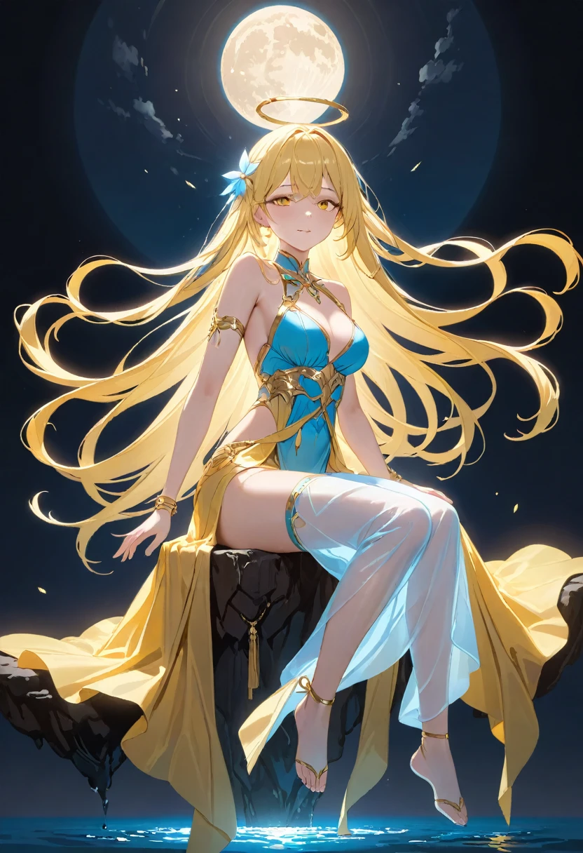 (masterpiece, best quality: 1.2), high resolution, high quality, goddess, golden hair, waist ribbon, arm bracelet, halo, bright moon, cinematic lighting, mirage, 1 girl, very long hair, luminous hair, luminous yellow hair tips, falling floating, sitting
