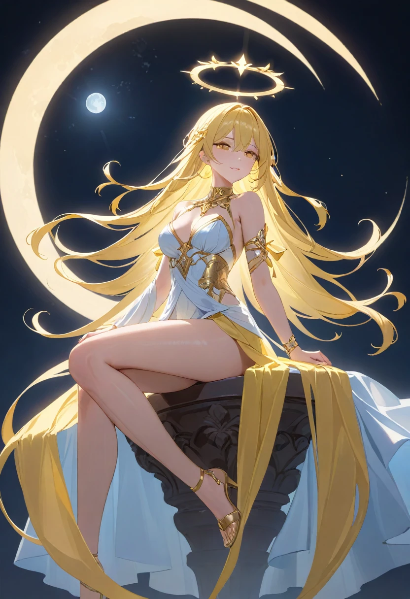 (masterpiece, best quality: 1.2), high resolution, high quality, goddess, golden hair, waist ribbon, arm bracelet, halo, bright moon, cinematic lighting, mirage, 1 girl, very long hair, luminous hair, luminous yellow hair tips, falling floating, sitting