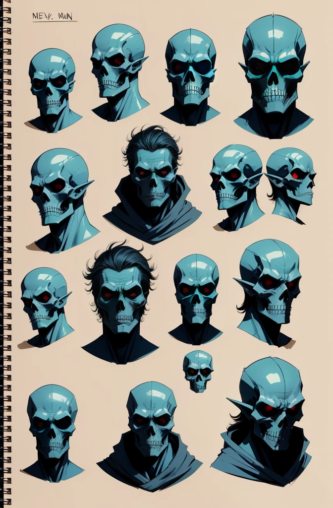 sketches of cartoon characters drawn in a notebook with a pencil, studies, alien skulls, face doodles, concept sheet, sketches, doodles, vey detailed faces, many heads, cosmic horror concept art, heads, character design sheet, skull faces, dissection sketch, skulls, skulls around, alien faces, concept sketches, sketchbook, sketchbook drawing, rough sketch, anatomy studies