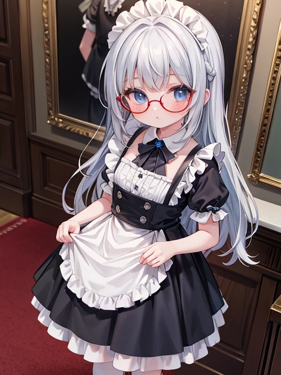 masterpiece, highest quality, Very detailed, 16k, Ultra-high resolution, from above:1.5, 9-year-old girl, blue eyes, Glasses, Silver Hair, Long Hair, Braid, Black maid outfit